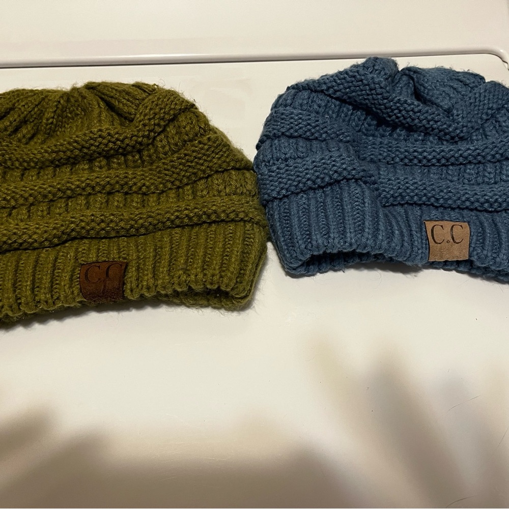 CC Boutique Knit Beanie Set - Olive and Blue
